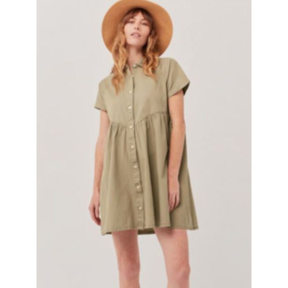 Pact Black Olive Chambray Button Up Organic Cotton Baby Doll Mini Dress Large